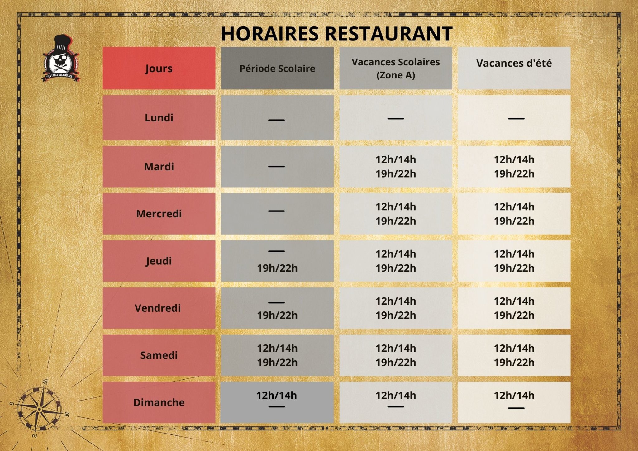 Horaires restaurant La Table des Pirates